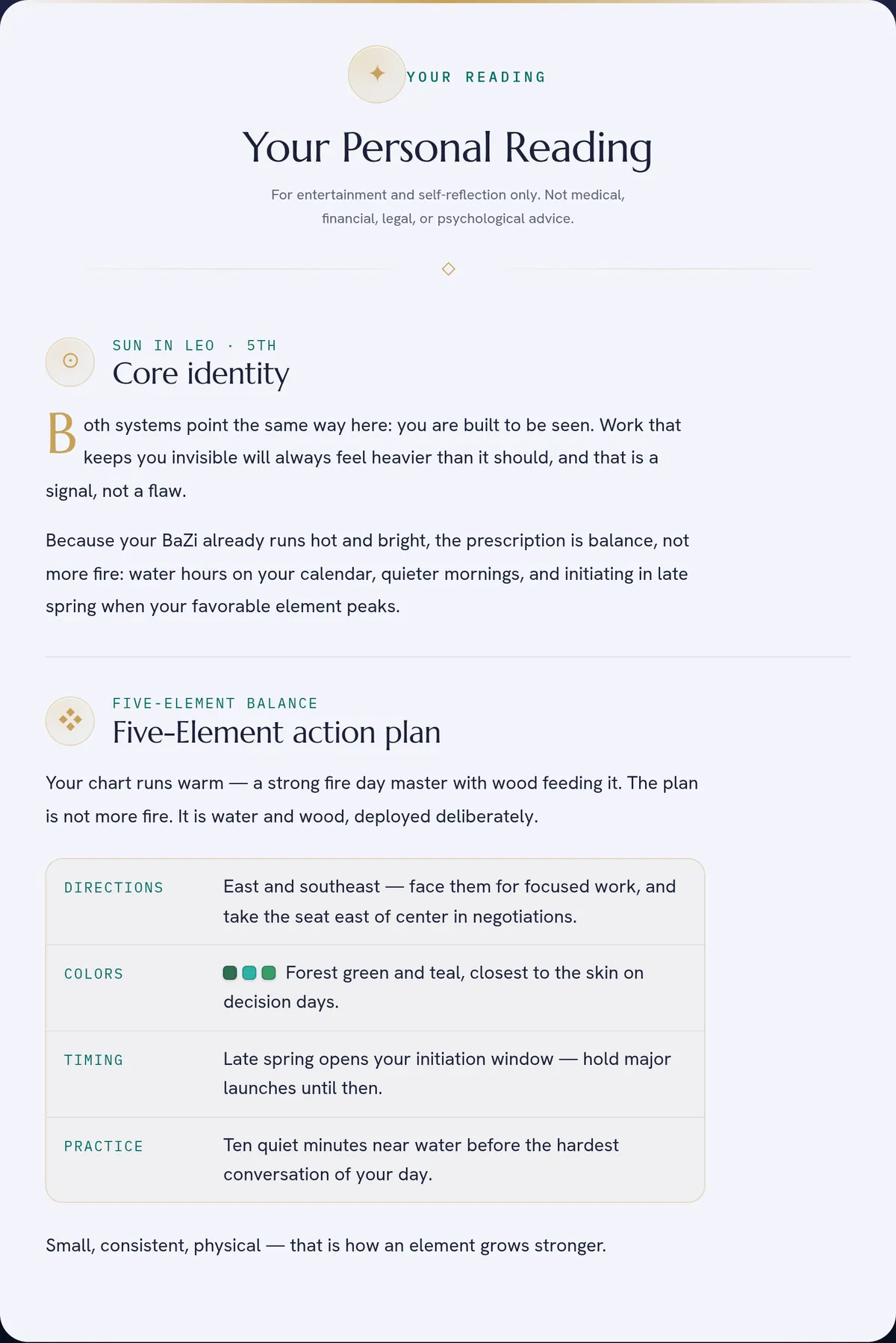 Screenshot of a sample personal reading: a Core identity section drawn from the Sun, and a Five-Element action plan with rows for directions, colors, timing and a daily practice.